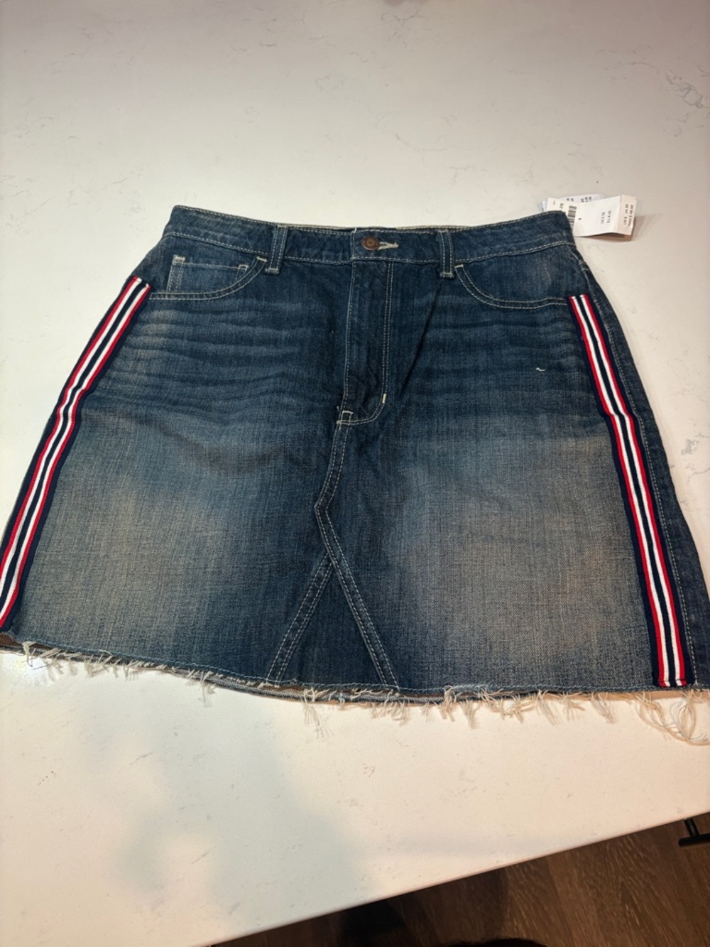 Hollister Dark Blue Denim Mini Skirt with Red-White-Blue Side Stripes